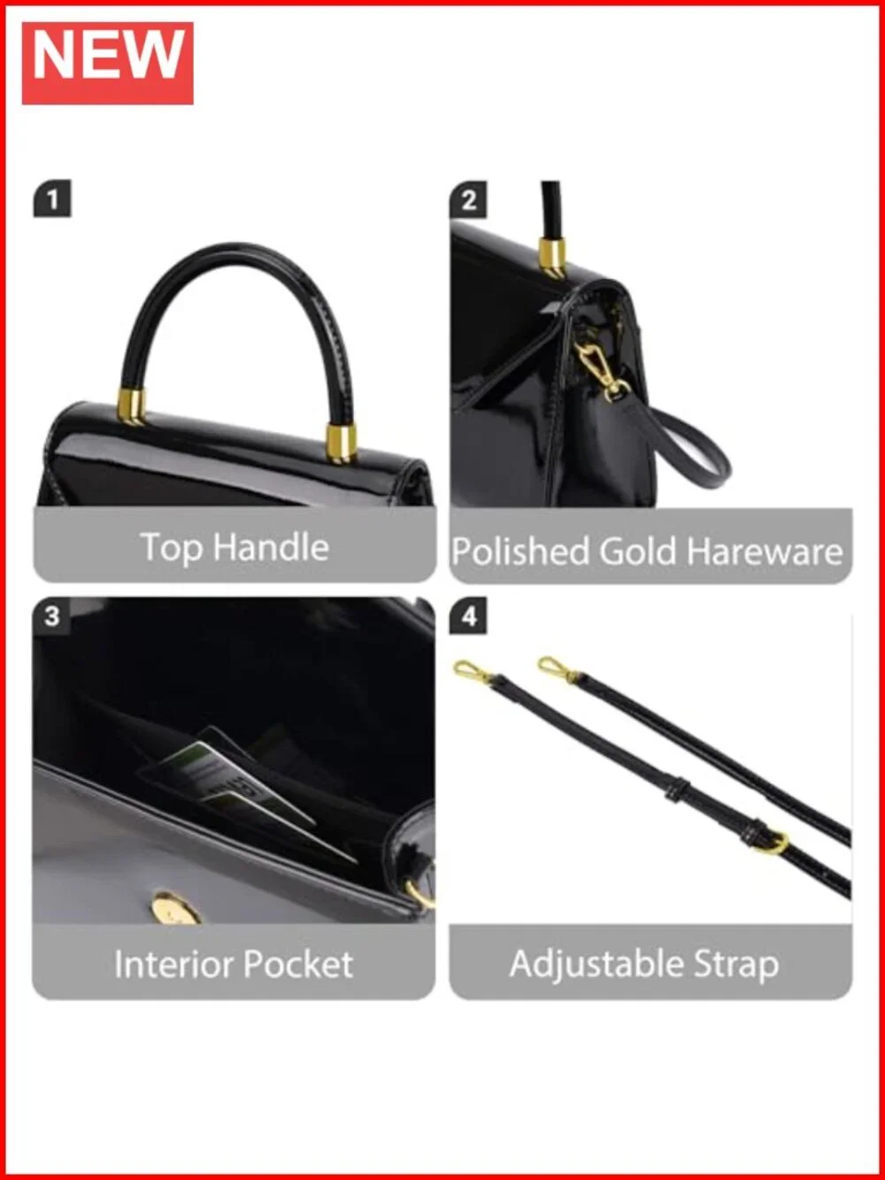 Faux Patent Leather Top Handle Satchel Evening Bag Clutch Purse